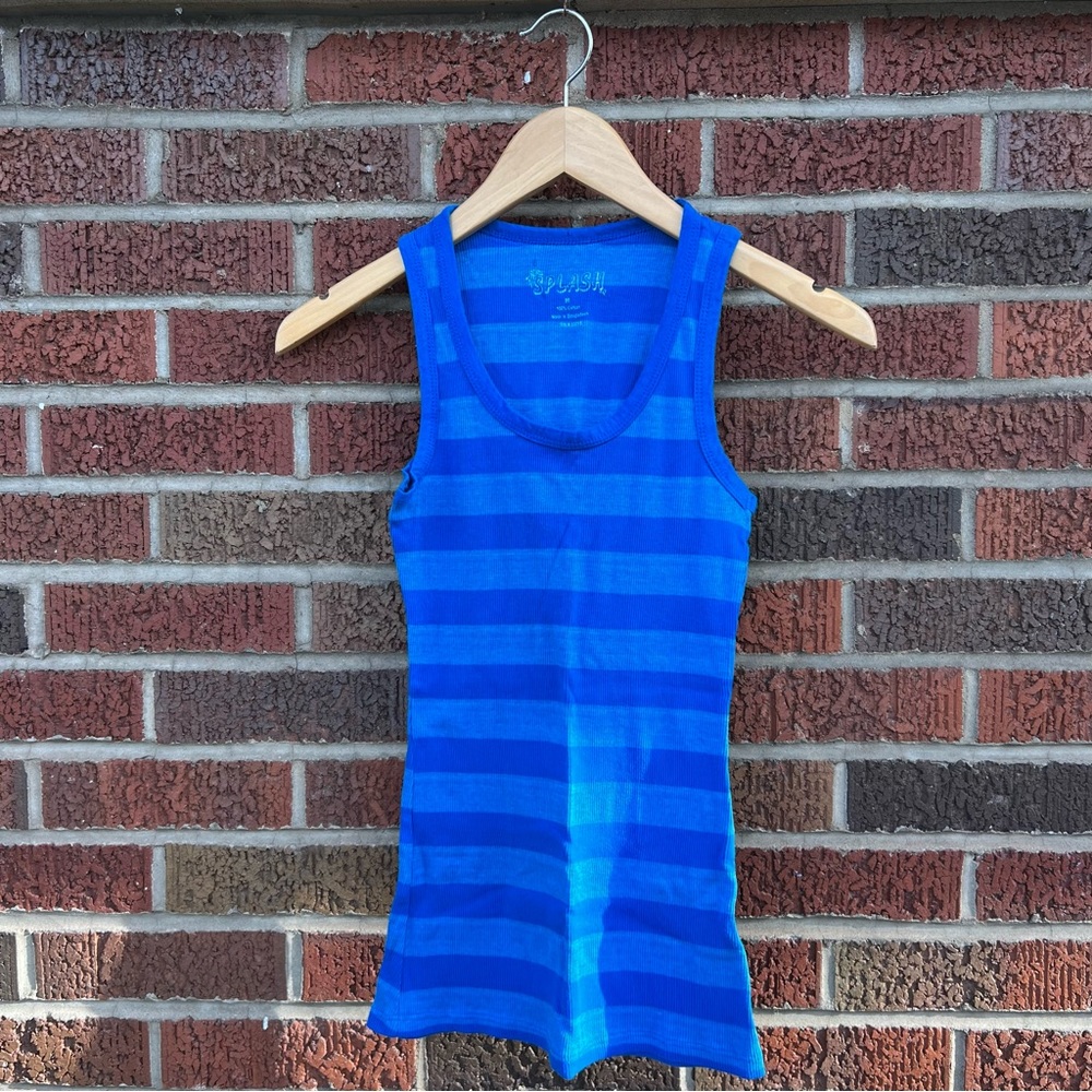 Splash Blue and Light Blue Striped Scoop Neck Sleeveless Ribbed Tank Top